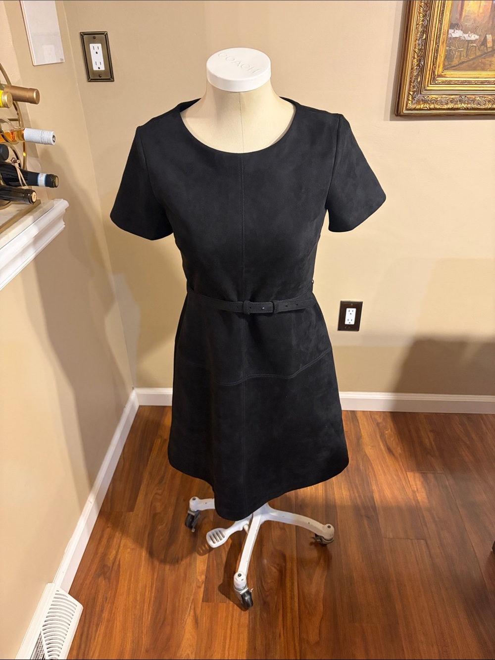 Ann Taylor Black Short-Sleeve Belted Faux Suede Mini Dress